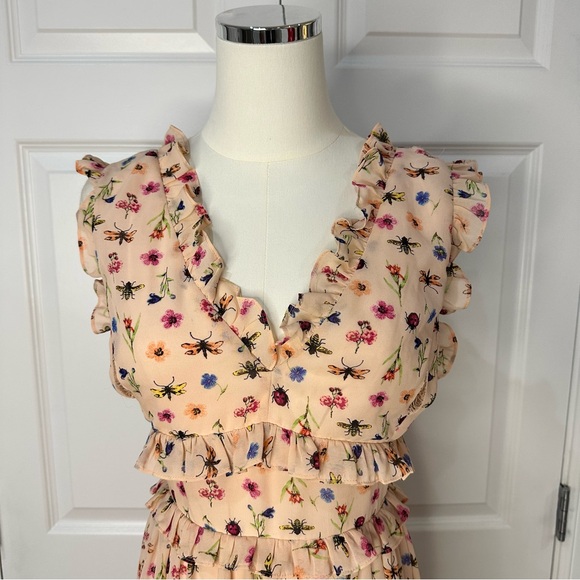 Betsey Johnson Peach Bug Floral Ruffle Tiered V-Neck Whimsical Midi Dress Size 8 - Picture 6 of 16